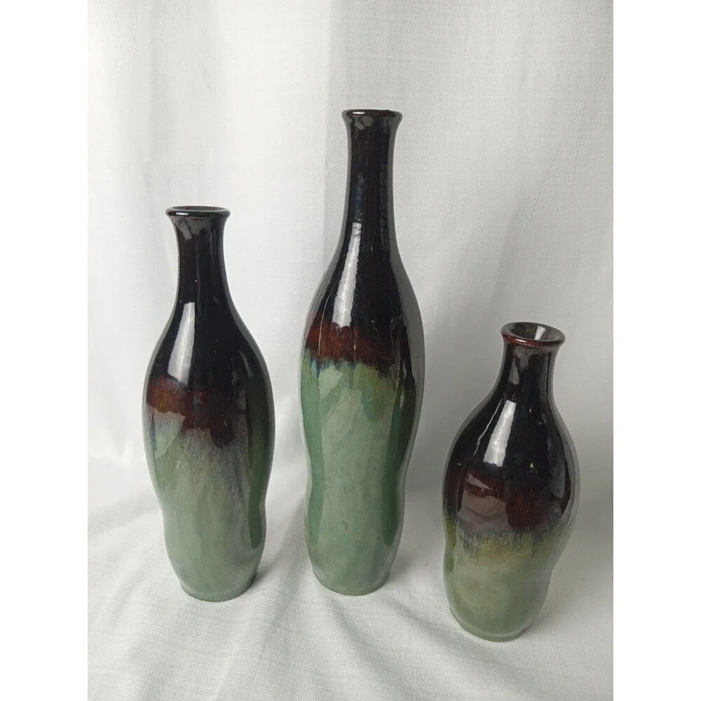Apropos Home Collection Set of 3 Drip Glaze Vases with Tray Green Black Pottery